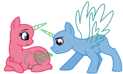 Size: 885x531 | Tagged: safe, artist:crystalspringlove, oc, oc only, alicorn, pony, bald, base, chest fluff, duo, duo male and female, female, horn, male, mare, pregnant, simple background, smiling, stallion, transparent horn, transparent wings, white background, wings
