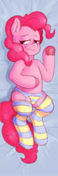 Size: 586x1758 | Tagged: safe, artist:raph13th, pinkie pie, earth pony, pony, semi-anthro, g4, adorasexy, arm hooves, bedroom eyes, body pillow, body pillow design, clothes, colored hooves, cute, dialogue, female, frog (hoof), garter belt, on back, panties, scrunchy face, sexy, smiling, socks, solo, striped socks, striped underwear, underhoof, underwear