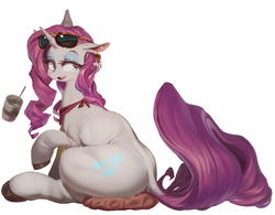 Size: 2060x1608 | Tagged: safe, artist:derekireba, rarity, pony, unicorn, g4, cup, ear piercing, earring, eyeshadow, female, jewelry, makeup, mare, open mouth, piercing, simple background, sitting, smiling, solo, sunglasses, white background