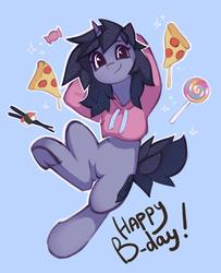 Size: 1038x1280 | Tagged: safe, artist:share dast, oc, oc only, oc:kate, pony, unicorn, blue background, candy, clothes, female, food, hoodie, lollipop, looking at you, mare, meat, pepperoni, pepperoni pizza, pizza, simple background, solo, sushi, underhoof