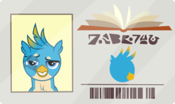 Size: 2600x1538 | Tagged: safe, artist:phucknuckl, gallus, griffon, g4, the point of no return, abuse, black eye, gallabuse, hoofprint, implied sandbar, library card, male, ouch, smiling, solo, written equestrian