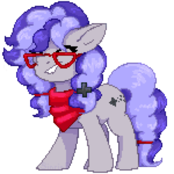 Size: 1500x1500 | Tagged: safe, artist:sinrinf, oc, oc only, oc:cinnabyte, earth pony, pony, bandana, curvy, eyes closed, female, glasses, mare, neckerchief, pixel art, simple background, solo, transparent background, ych result