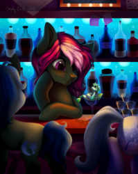 Size: 1192x1496 | Tagged: safe, artist:shady-bush, oc, oc only, oc:moe jito, oc:strawberry soda, pony, alcohol, cup, cup of pony, female, glass, mare, micro, shot glass