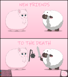 Size: 1920x2160 | Tagged: safe, artist:mixermike622, oc, oc:fluffle puff, pony, wooloo, 2 panel comic, comic, flail, fluffy, pokemon sword and shield, pokémon, sword, to the death, weapon