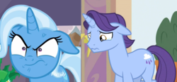 Size: 1500x700 | Tagged: safe, screencap, november rain, trixie, pony, g4, student counsel, angry, cross-popping veins, discovery family logo, floppy ears, friendship student, frown, sad, sad pony, teary eyes, trixie is not amused, unamused