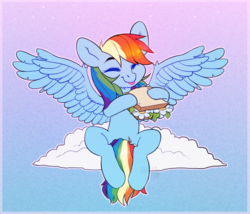 Size: 1680x1440 | Tagged: safe, artist:sugarstar, rainbow dash, pegasus, pony, g4, big ears, cloud, cute, daffodil and daisy sandwich, dashabetes, eyes closed, female, food, herbivore, mare, sandwich, simple background, sitting, smiling, solo, tongue out, wings