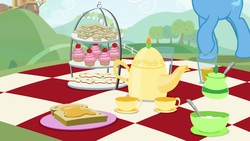 Size: 1920x1080 | Tagged: safe, screencap, trixie, pony, g4, student counsel, cup, cupcake, food, kettle, picnic blanket, sandwich, tea, teacup