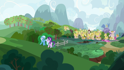 Size: 1920x1080 | Tagged: safe, screencap, starlight glimmer, trixie, pony, unicorn, g4, student counsel, apple tree, bracelet, duo, female, fence, jewelry, mare, mountain, ponyville, ponyville town hall, scenery, town, tree, windmill