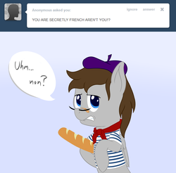 Size: 1280x1258 | Tagged: safe, artist:phoenixswift, oc, oc only, oc:fuselight, pegasus, pony, ask fuselight, baguette, beret, bread, clothes, food, french, hat, male, shirt, solo, stallion
