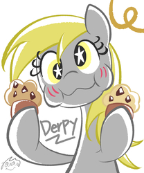 Size: 1701x2041 | Tagged: safe, artist:garammasara, derpy hooves, pony, unicorn, g4, blushing, cute, derpabetes, eating, female, food, looking at you, muffin, simple background, solo, starry eyes, wingding eyes