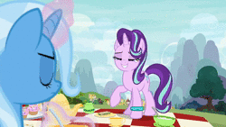 Size: 1280x720 | Tagged: safe, screencap, starlight glimmer, trixie, g4, student counsel, animated, bracelet, cloud, female, food, jewelry, magic, meadow, mountain, nature, picnic, ponyville, sandwich, sitting, sound, tree, webm