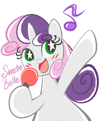 Size: 1701x2041 | Tagged: safe, artist:garammasara, sweetie belle, pony, unicorn, g4, blushing, cute, diasweetes, female, filly, grin, microphone, simple background, singing, smiling, solo, starry eyes, wingding eyes