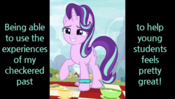 Size: 1040x585 | Tagged: safe, edit, edited screencap, screencap, starlight glimmer, pony, g4, student counsel, animated, caption, cloud, cropped, female, food, gif, magic, meadow, mountain, nature, picnic, ponyville, sandwich, sitting, solo, text, tree
