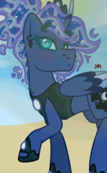 Size: 377x609 | Tagged: safe, artist:crippling depression, princess luna, trixie, alicorn, pony, g4, alternate hairstyle, beach, blushing, colored wings, crown, curved horn, ear piercing, earring, female, horn, jewelry, looking at you, multicolored horn, multicolored wings, o.o, piercing, princess shoes, regalia, signature, solo, wings