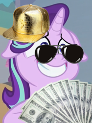 Size: 600x800 | Tagged: safe, edit, edited screencap, screencap, starlight glimmer, pony, g4, student counsel, capitalism, cropped, glasses, hat, money, sunglasses