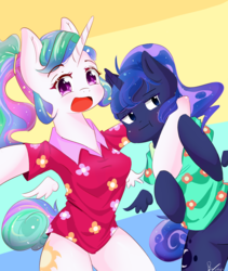 Size: 3031x3583 | Tagged: safe, artist:bubbletea, princess celestia, princess luna, anthro, between dark and dawn, :t, abstract background, alternate hairstyle, arm hooves, blushing, clothes, cute, cutelestia, duo, hawaiian shirt, lunabetes, open mouth, ponytail, royal sisters, selfie, shirt, tail bun, vacation