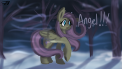 Size: 1280x720 | Tagged: safe, artist:jbond, fluttershy, pegasus, pony, g4, female, forest, mare, raised hoof, snow, snowfall, solo, text
