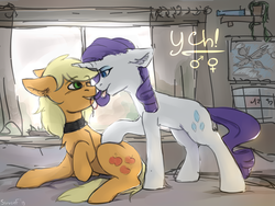 Size: 2000x1500 | Tagged: safe, artist:sinrinf, applejack, rarity, pony, g4, any gender, any race, any species, collar, commission, cute, female, jackabetes, lesbian, raribetes, ship:rarijack, shipping, ych example, your character here