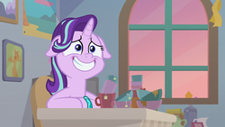 Size: 1920x1080 | Tagged: safe, screencap, starlight glimmer, pony, unicorn, g4, student counsel, bowl, bracelet, cup, faic, female, floppy ears, grin, jewelry, mare, nervous, nervous smile, smiling, solo, starlight's bracelet
