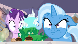 Size: 1920x1080 | Tagged: safe, screencap, starlight glimmer, trixie, pony, unicorn, g4, student counsel, angry, balloon, cake, cross-popping veins, cupcake, duo, equinox cake, female, floppy ears, food, mare