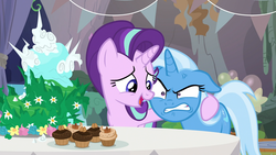 Size: 1920x1080 | Tagged: safe, screencap, starlight glimmer, trixie, pony, unicorn, g4, student counsel, angry, cake, cross-popping veins, cupcake, duo, equinox cake, female, floppy ears, food, mare, side hug