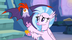 Size: 1920x1080 | Tagged: safe, screencap, edith, silverstream, classical hippogriff, cockatrice, hippogriff, g4, student counsel, cute, diabedith, diastreamies, duo, female, red eyes, scratching, spread wings, treehouse of harmony, wings
