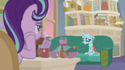 Size: 832x468 | Tagged: safe, edit, screencap, ocellus, starlight glimmer, bugbear, changedling, changeling, dragon, earth pony, pony, unicorn, g4, student counsel, animated, book, bookshelf, bugbear ocellus, chair, couch, cup, desk, disguise, disguised changeling, dragon ocellus, duo, female, gif, identity crisis, loop, mug, paw pads, pony ocellus, reversed, school of friendship, shapeshifting, sitting, starlight's office, teacup, teapot, transformation