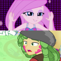 Size: 2000x2000 | Tagged: safe, edit, screencap, fluttershy, sandalwood, a banner day, equestria girls, g4, i'm on a yacht, spoiler:eqg series (season 2), female, high res, male, neon eg logo, reaction, sandalshy, shipping, straight