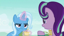 Size: 1920x1080 | Tagged: safe, screencap, starlight glimmer, trixie, pony, unicorn, g4, student counsel, angry tea drinking, animated, bracelet, cup, drinking, duo, female, food, frown, jewelry, magic, magic aura, mare, nervous laugh, sound, tea, teacup, telekinesis, trixie is not amused, unamused, webm