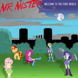 Size: 1000x1000 | Tagged: safe, artist:grapefruitface1, fluttershy, pinkie pie, rainbow dash, rarity, sunset shimmer, tom, pony, equestria girls, g4, 80s, album cover, cloud, cloudy, eqg promo pose set, equestria girls ponified, equestria girls-ified album cover, grass, mare in the moon, moon, mr. mister, ponified, ponified animal photo, rock, rock band, show accurate, sitting, skyline