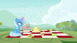 Size: 1920x1080 | Tagged: safe, screencap, trixie, pony, g4, student counsel, cup, cupcake, female, food, kettle, magic, mare, picnic blanket, sandwich, solo, teacup