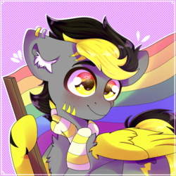 Size: 2000x2000 | Tagged: safe, artist:etoz, oc, oc only, oc:thunder, pegasus, pony, blushing, clothes, commission, gay pride, gay pride flag, happy, high res, jewelry, male, pride, pride flag, pride month, scarf, smiling, solo, stallion, wingding eyes, wings, ych result