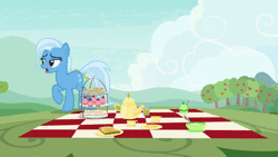Size: 1920x1080 | Tagged: safe, screencap, trixie, pony, g4, student counsel, animated, cup, cupcake, female, food, kettle, lonely, magic, picnic, picnic blanket, sandwich, solo, sound, teacup, unamused, webm
