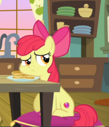 Size: 535x624 | Tagged: safe, screencap, apple bloom, earth pony, pony, g4, going to seed, cropped, cutie mark, female, filly, food, pancakes, pillow, sitting, solo, squishy cheeks, table, the cmc's cutie marks, tired