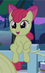 Size: 448x716 | Tagged: safe, screencap, apple bloom, applejack, earth pony, pony, g4, going to seed, adorabloom, cropped, cute, female, fence, open mouth, sitting, smiling, solo focus