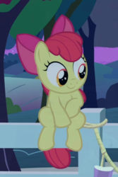 Size: 509x760 | Tagged: safe, screencap, apple bloom, earth pony, pony, g4, going to seed, adorabloom, cropped, cute, female, fence, sitting, smiling, solo