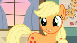 Size: 1664x937 | Tagged: safe, screencap, applejack, earth pony, pony, g4, going to seed, blonde, cropped, cute, daaaaaaaaaaaw, female, hatless, jackabetes, looking at something, mare, missing accessory, smiling, solo