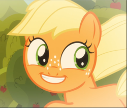 Size: 1107x941 | Tagged: safe, screencap, applejack, earth pony, pony, g4, going to seed, close-up, cropped, cute, female, filly, filly applejack, jackabetes, smiling, solo, younger