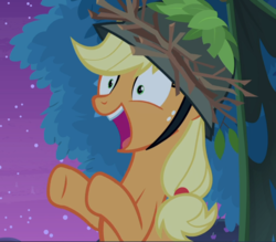 Size: 1071x939 | Tagged: safe, screencap, applejack, earth pony, pony, g4, going to seed, cropped, female, hat, mare, open mouth, snapplejack, solo, wide eyes