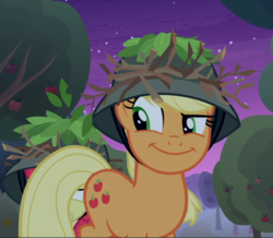 Size: 1028x897 | Tagged: safe, screencap, applejack, earth pony, pony, g4, going to seed, cropped, female, hat, offscreen character, smiling, smirk, solo focus