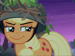 Size: 1259x940 | Tagged: safe, screencap, applejack, earth pony, pony, g4, going to seed, cropped, female, mare, narrowed eyes, smiling, smirk, solo