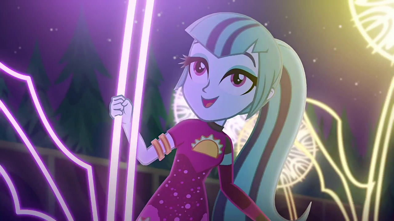 2061547 - safe, screencap, sonata dusk, equestria girls, find the magic,  g4, my little pony equestria girls: better together, armband, beautiful,  clothes, cute, dress, female, night, ponytail, smiling, solo, sonatabetes,  stars, taco