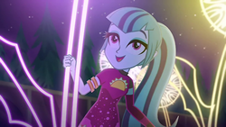 Size: 1280x720 | Tagged: safe, screencap, sonata dusk, equestria girls, find the magic, g4, my little pony equestria girls: better together, armband, beautiful, clothes, cute, dress, female, night, ponytail, smiling, solo, sonatabetes, stars, taco dress, tree, when she smiles