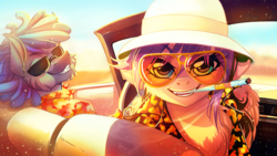 Size: 1000x563 | Tagged: oc name needed, safe, artist:limreiart, oc, oc only, pegasus, pony, zebra, car, cheek fluff, chest fluff, cigarette, clothes, convertible, crossover, fear and loathing in las vegas, glasses, hat, hawaiian shirt, looking at you, pegasus oc, shirt, smoking, sunglasses, vehicle, zebra oc