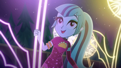 Size: 1336x752 | Tagged: safe, screencap, adagio dazzle, aria blaze, sonata dusk, equestria girls, find the magic, g4, my little pony equestria girls: better together, cute, ponytail, smiling, sonatabetes, taco dress, the dazzlings, when she smiles