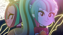 Size: 1336x752 | Tagged: safe, screencap, aria blaze, sonata dusk, equestria girls, find the magic, g4, my little pony equestria girls: better together, ariabetes, beautiful, cute, smiling, sonatabetes, taco dress, the dazzlings have returned, when she smiles