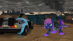 Size: 3840x2160 | Tagged: safe, artist:hydrusbeta, oc, oc:bitmaker, bat pony, pony, animated, back to the future, bat pony oc, crossover, crucifix, delorean, fallout, fallout: new vegas, fire, high res, laser, los pegasus, no sound, overcast, smoke, solo, turret, webm