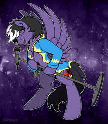 Size: 2885x3303 | Tagged: safe, artist:stormblaze-pegasus, oc, oc only, oc:stormblaze, pegasus, pony, clothes, eye clipping through hair, eyes closed, high res, male, microphone, open mouth, singing, solo