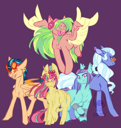 Size: 981x1034 | Tagged: safe, artist:eqq_scremble, derpibooru exclusive, indigo zap, lemon zest, sour sweet, sugarcoat, sunny flare, bat pony, donkey, earth pony, pegasus, pony, unicorn, wingless bat pony, g4, aviator goggles, body freckles, cloven hooves, colored hooves, devil horn (gesture), equestria girls ponified, freckles, glasses, headcanon, headphones, leonine tail, pigtails, ponified, ponytail, shadow five, simple background, slit pupils, smiling, smirk, sunny flare's wrist devices, tongue out, wing hands, wingless, wings