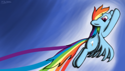 Size: 3840x2190 | Tagged: safe, artist:abluskittle, rainbow dash, pony, g4, female, flying, high res, looking at you, looking back, looking back at you, mare, rainbow, signature, sky, solo, spread wings, trail, wings